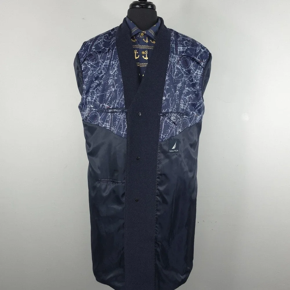 Nautica Coat Mens 48 Blue Wool Single Breasted Long Lined Overcoat Classic